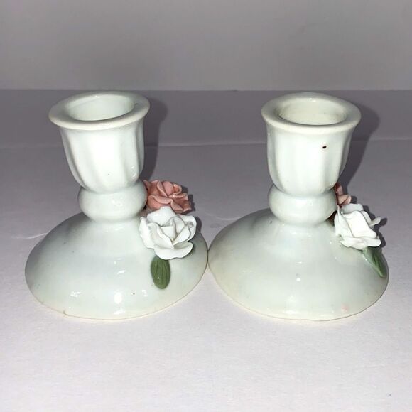 Vintage Porcelain Small Candle Stick Holders With Hand Painted Rose Design - Picture 4 of 12